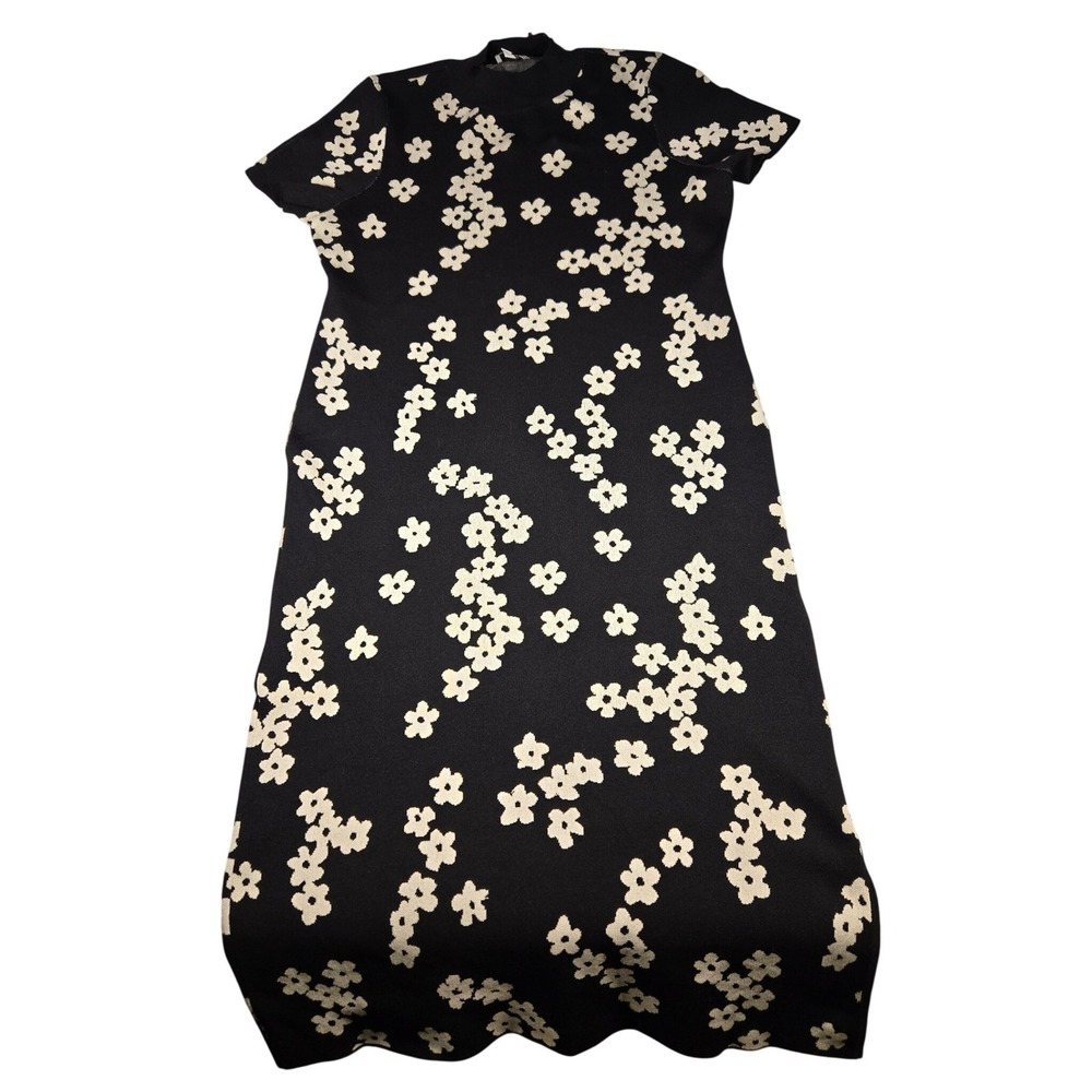CeCe Womens Black White Floral Mock Neck Short Sleeve Midi Sheath Sweater Dress